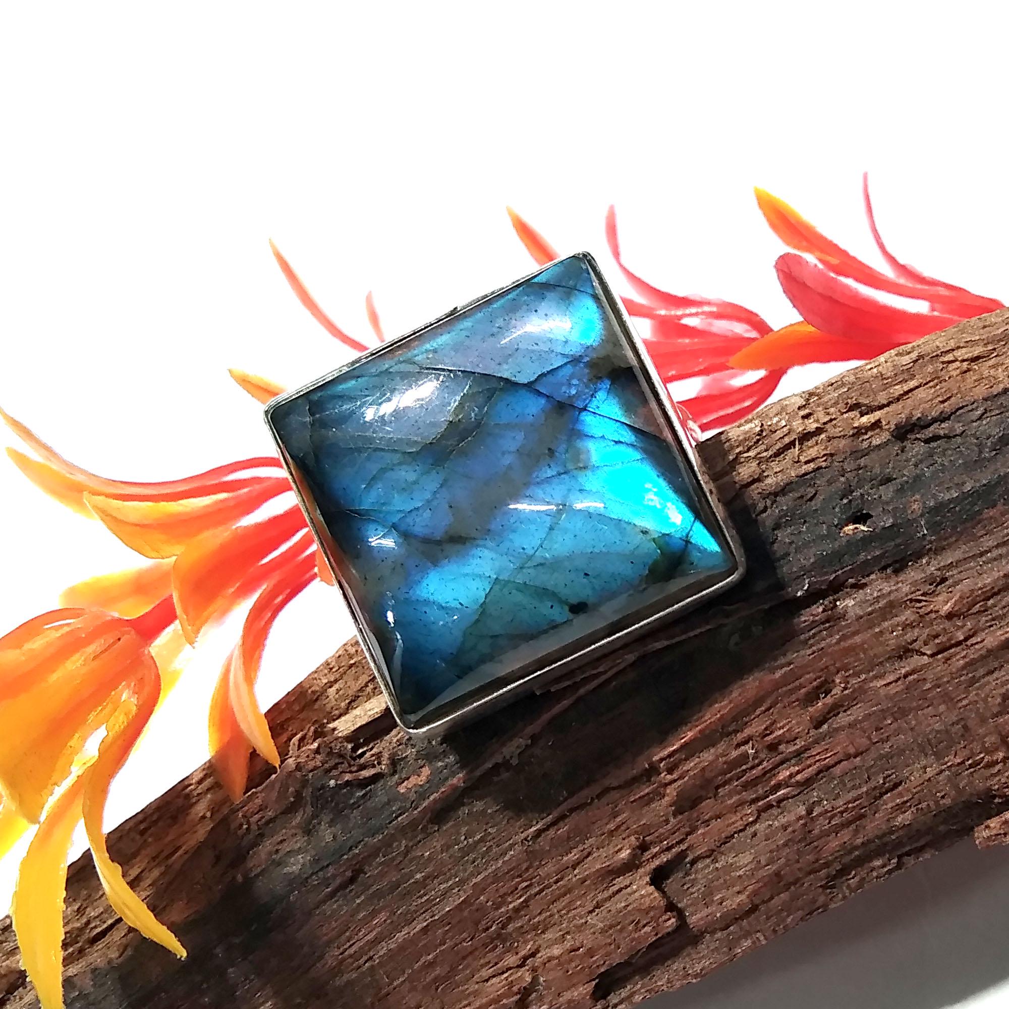 Natural Labradorite Blue Fire Gemstone Ring, 925 Solid Sterling Silver Ring, Labradorite Stone Size 20x20 mm Gift Mother’s day Ring